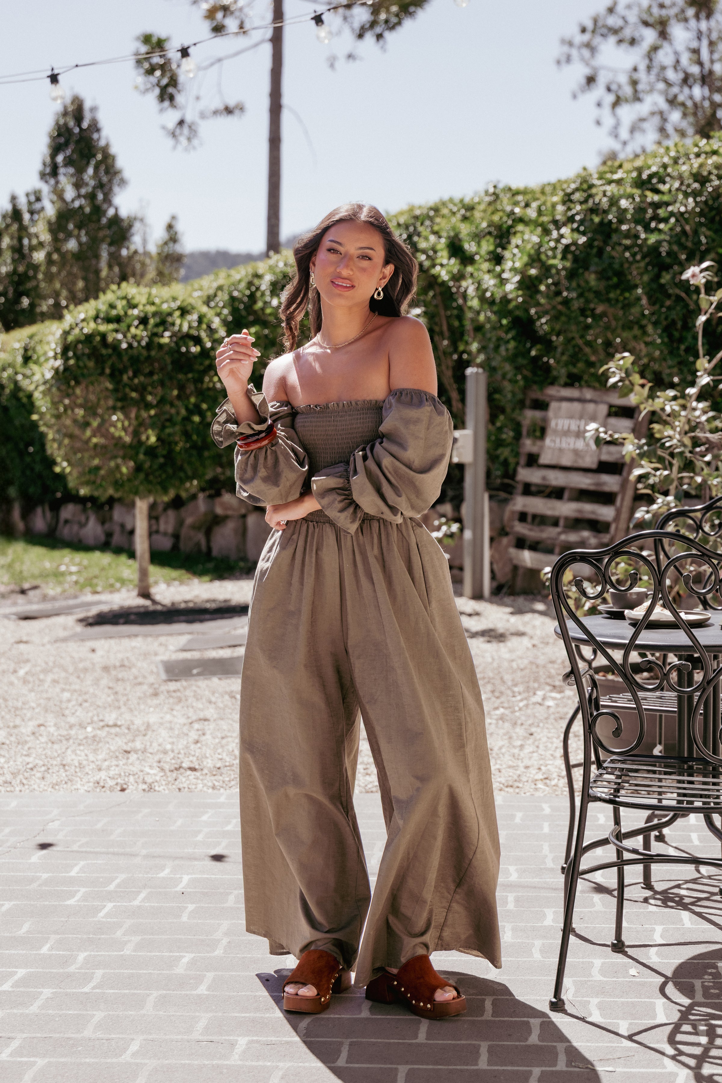 PLAYSUITS Domenica Shirred Long Sleeve Jumpsuit - Olive