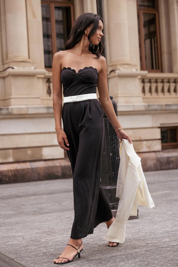 PLAYSUITS Elaria Scalloped Belted Jumpsuit - Black