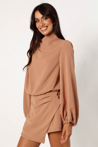 PLAYSUITS @Galen Long Sleeve Romper - Mocha
