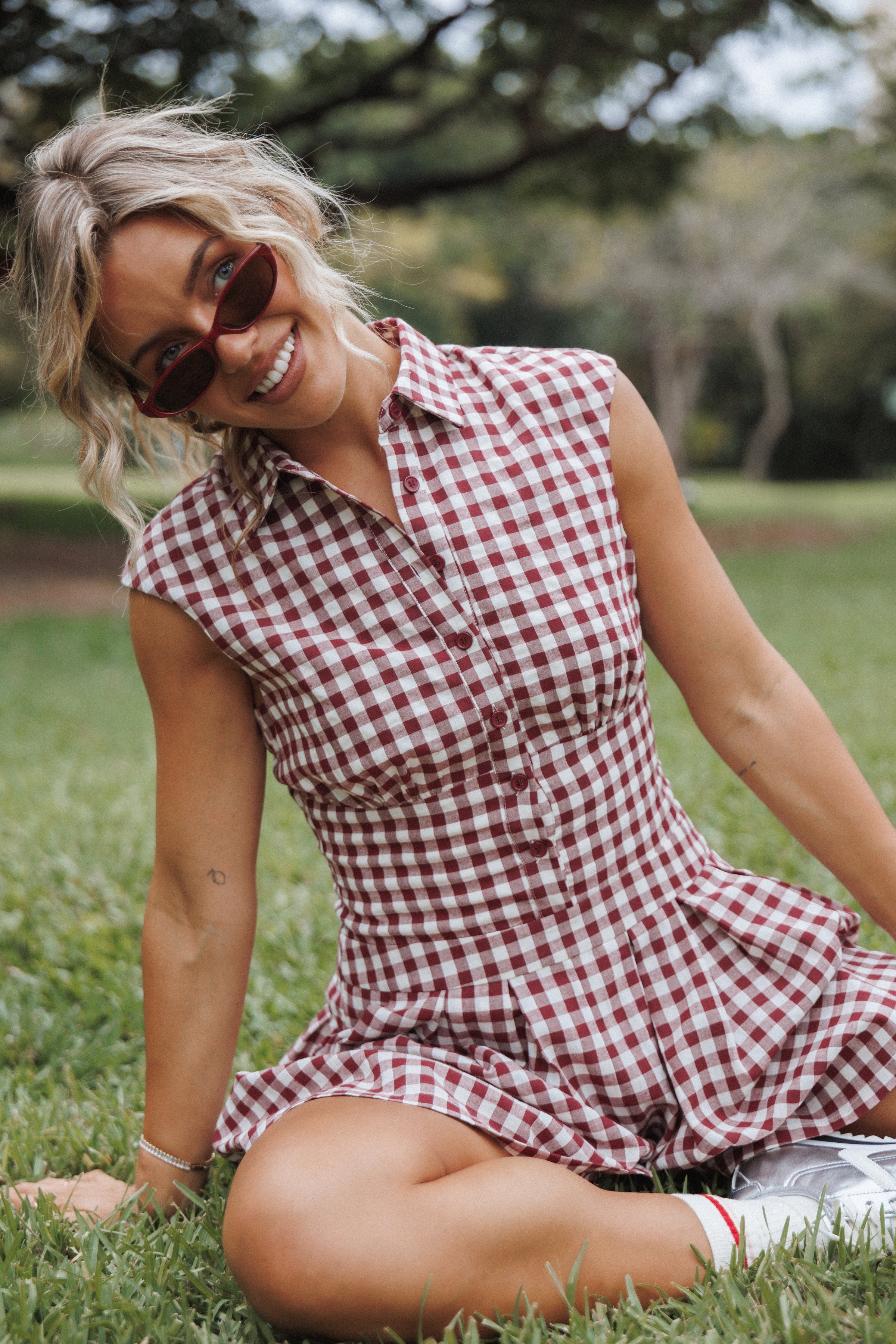 PLAYSUITS Helen Button Front Playsuit - Burgundy Gingham