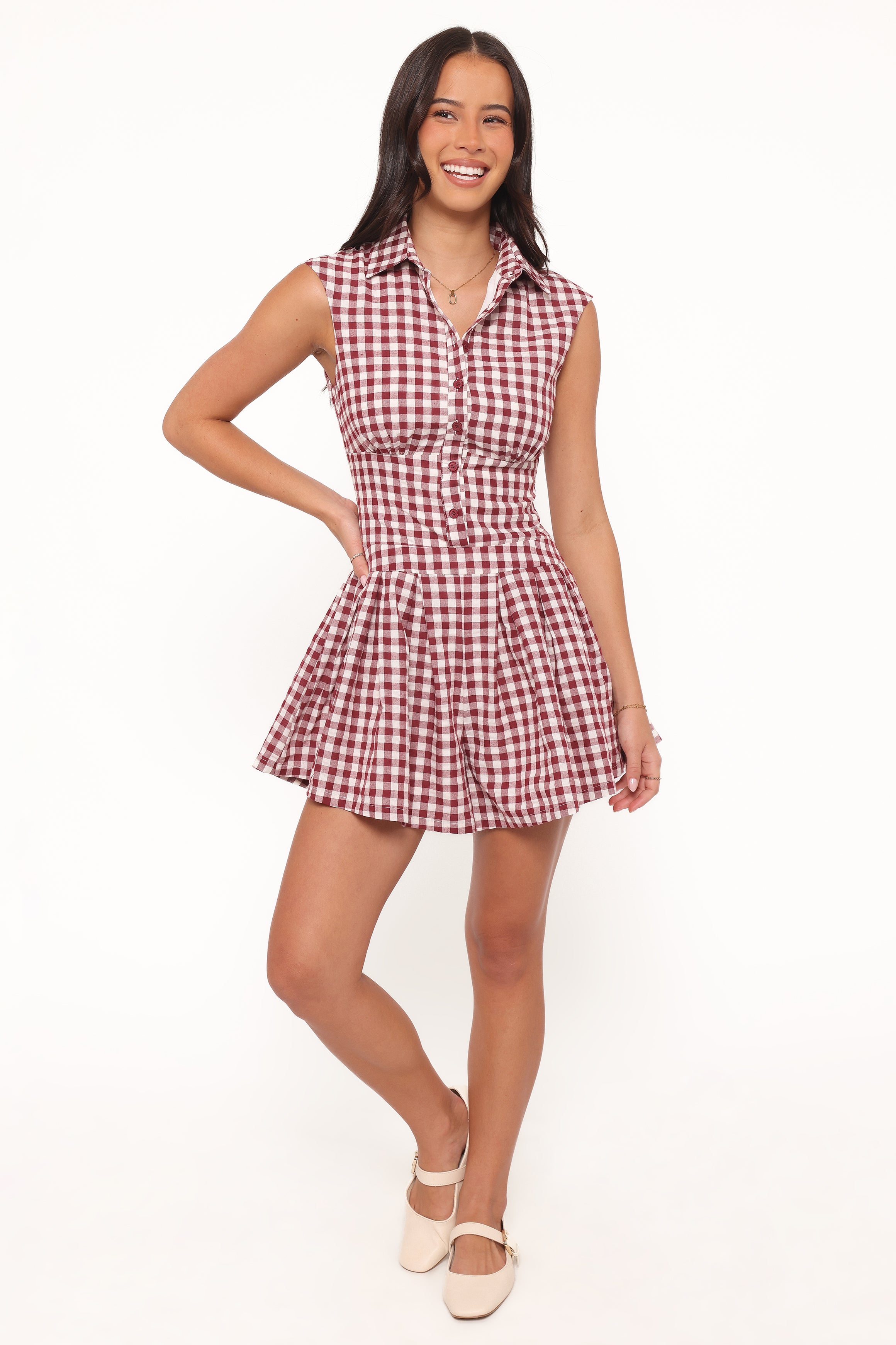 PLAYSUITS Helen Button Front Playsuit - Burgundy Gingham