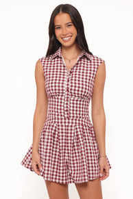 PLAYSUITS Helen Button Front Playsuit - Burgundy Gingham