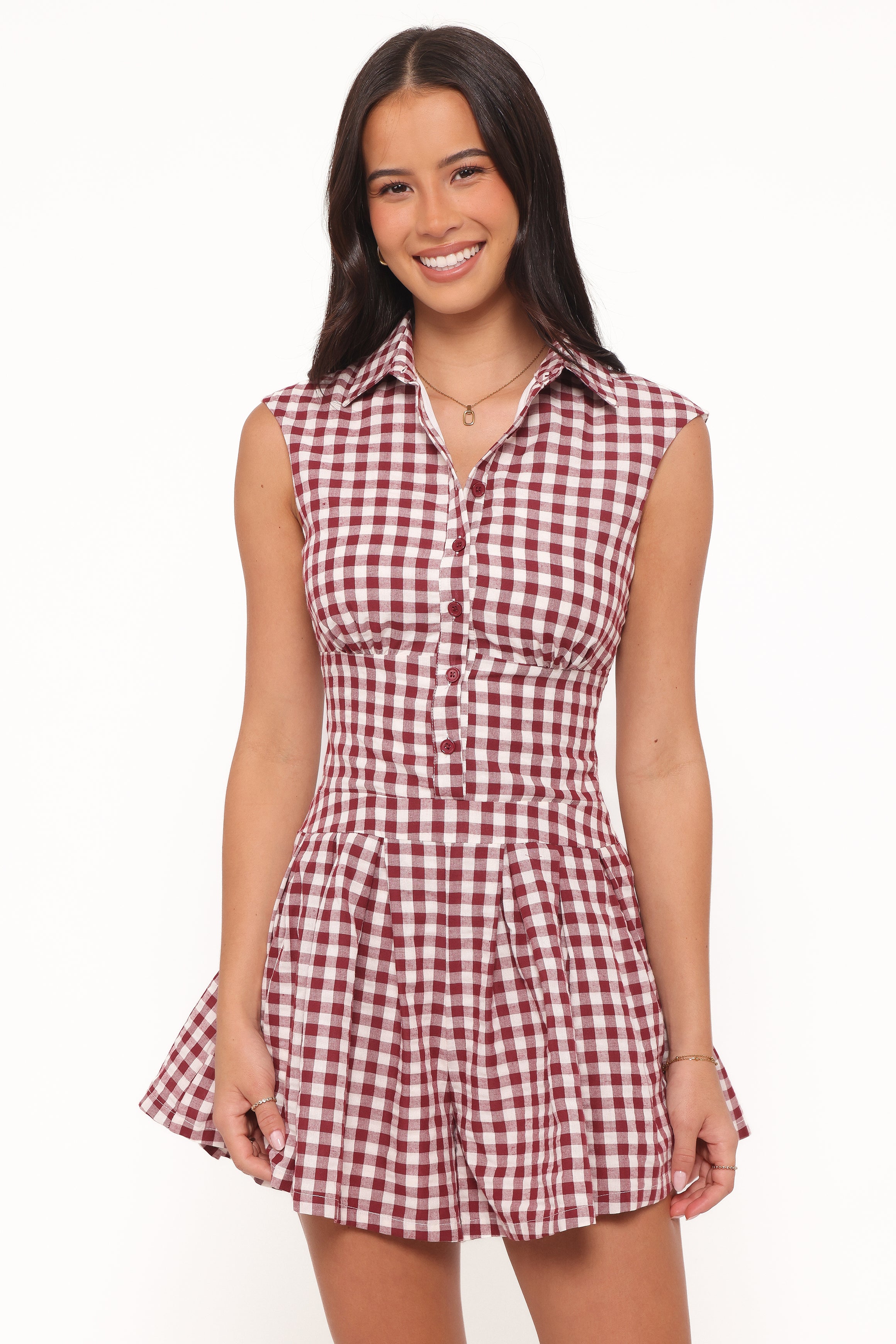 PLAYSUITS Helen Button Front Playsuit - Burgundy Gingham