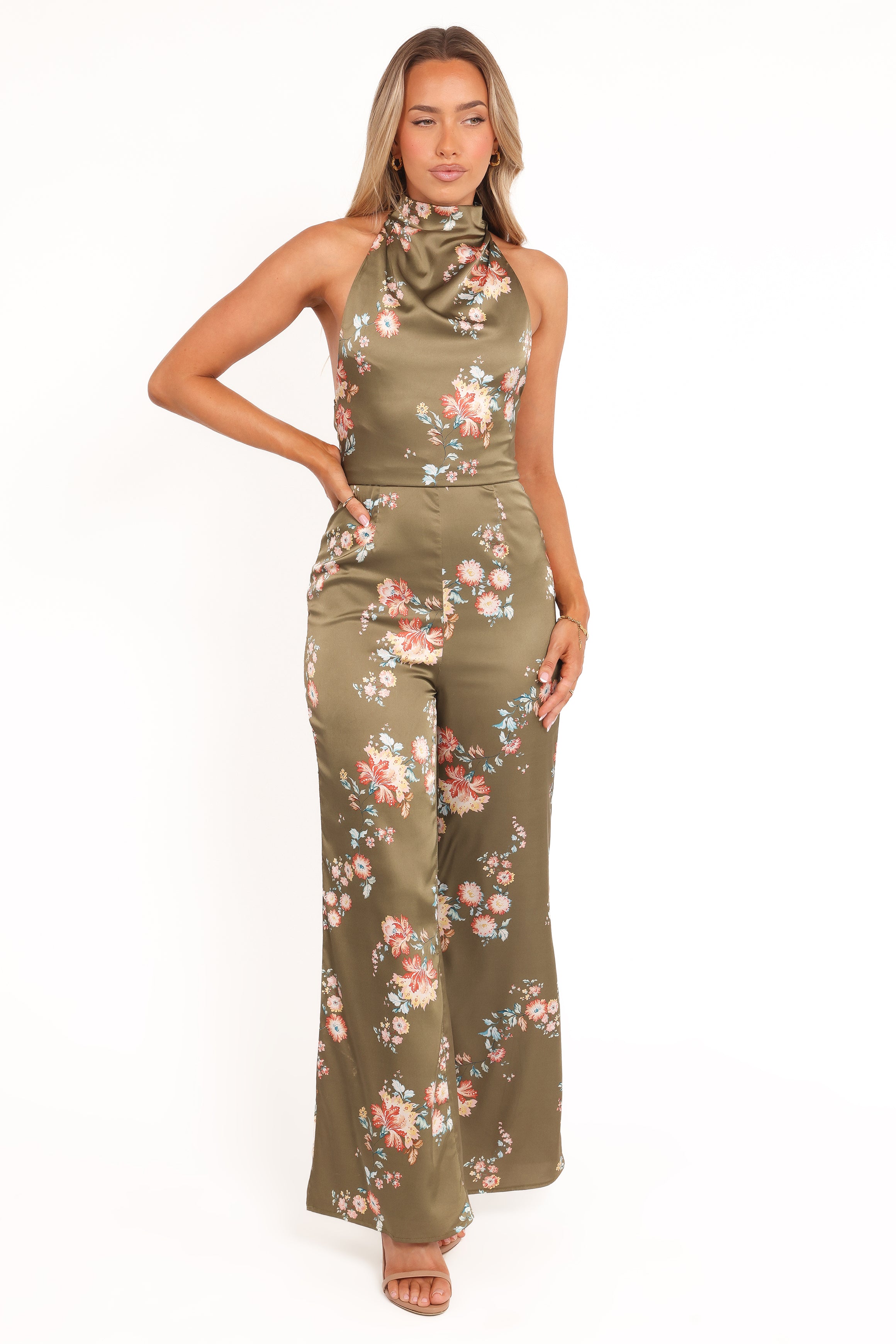 PLAYSUITS Holly Halterneck Jumpsuit - Olive Floral