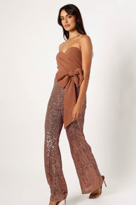 PLAYSUITS @Jacquelin Bow Waist Sequin Jumpsuit - Tan
