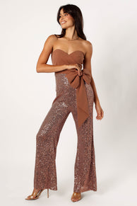 PLAYSUITS @Jacquelin Bow Waist Sequin Jumpsuit - Tan
