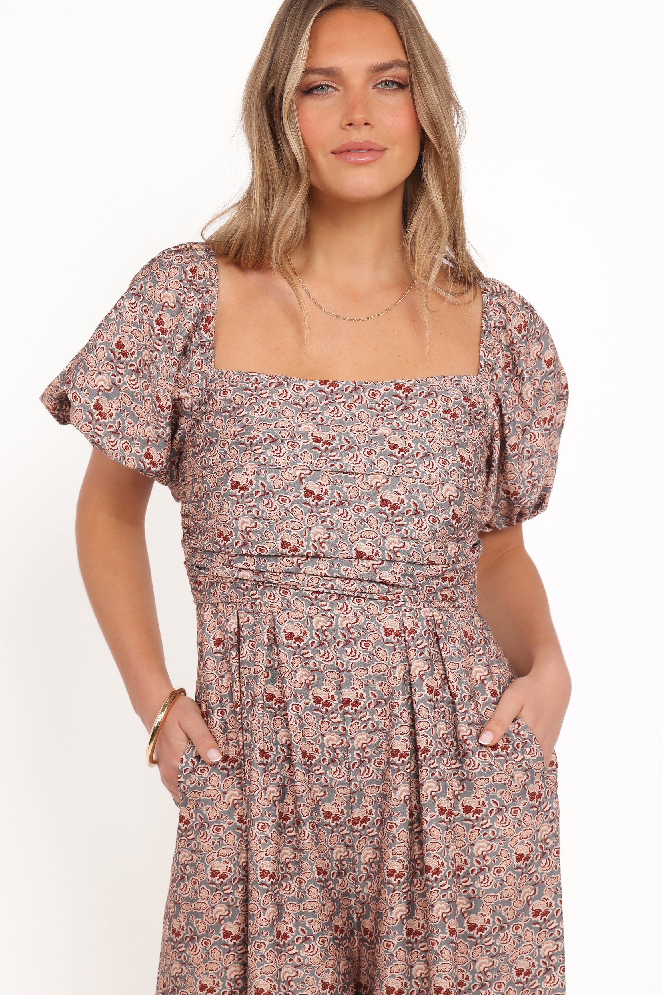 PLAYSUITS Jayda Puff Sleeve Jumpsuit - Grey Floral