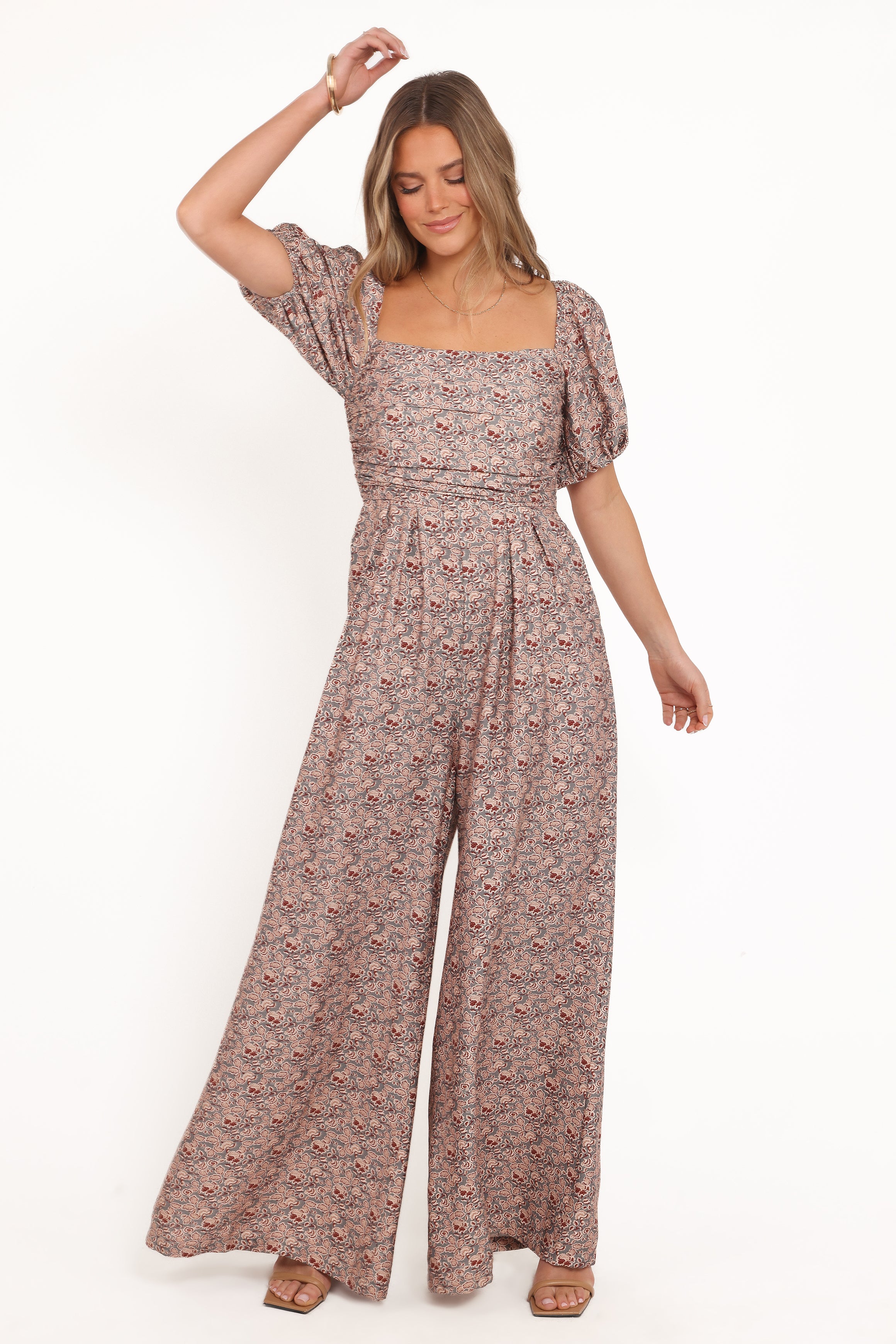 PLAYSUITS Jayda Puff Sleeve Jumpsuit - Grey Floral
