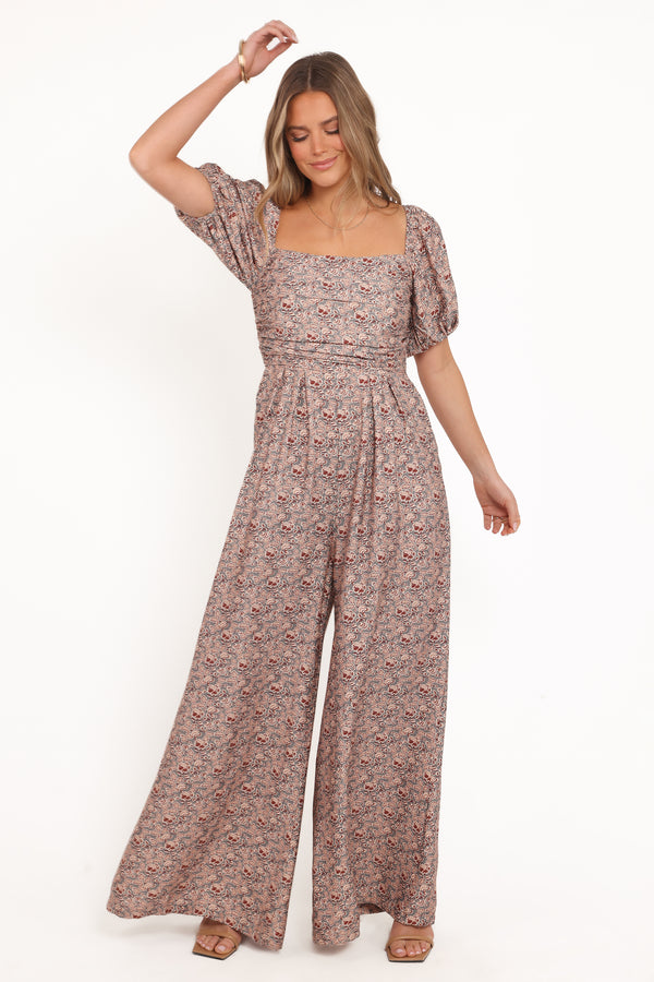 PLAYSUITS Jayda Puff Sleeve Jumpsuit - Grey Floral