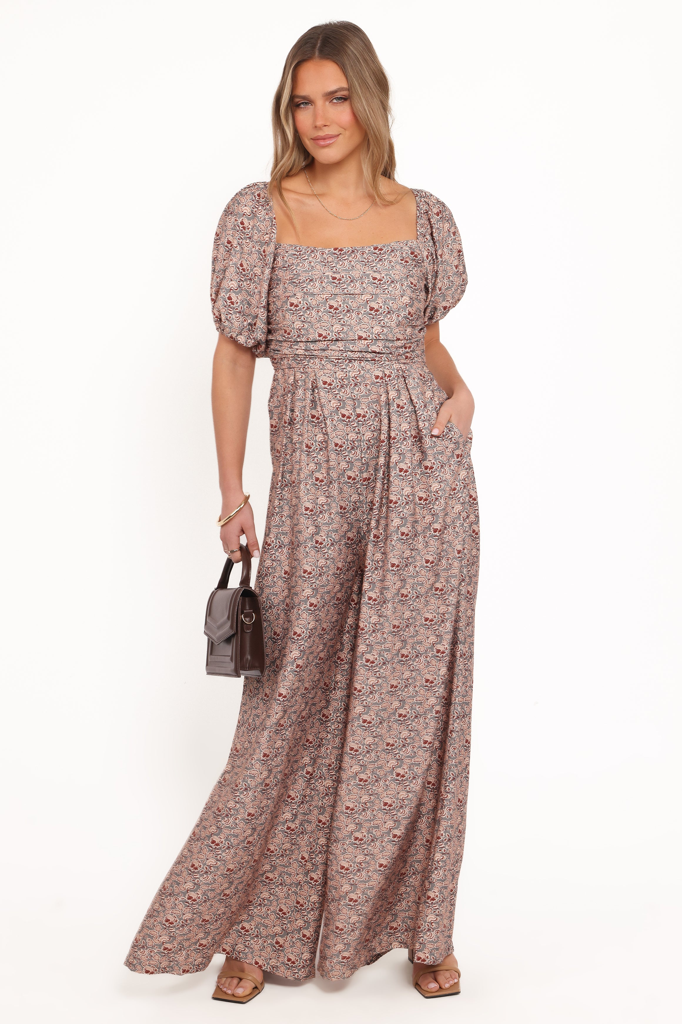 PLAYSUITS Jayda Puff Sleeve Jumpsuit - Grey Floral