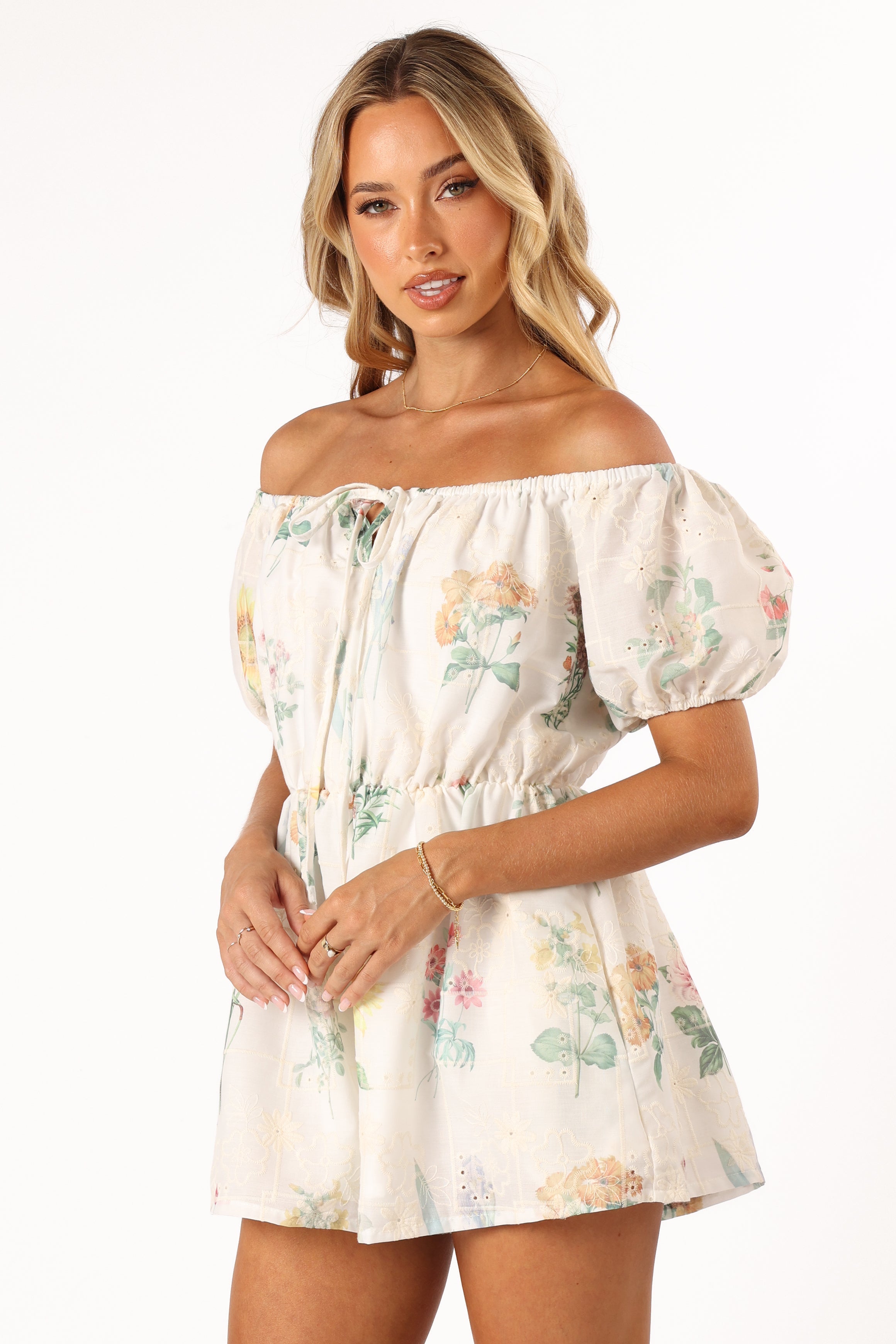 PLAYSUITS @Keleigh Off Shoulder Playsuit - White Floral (Hold for Easter)