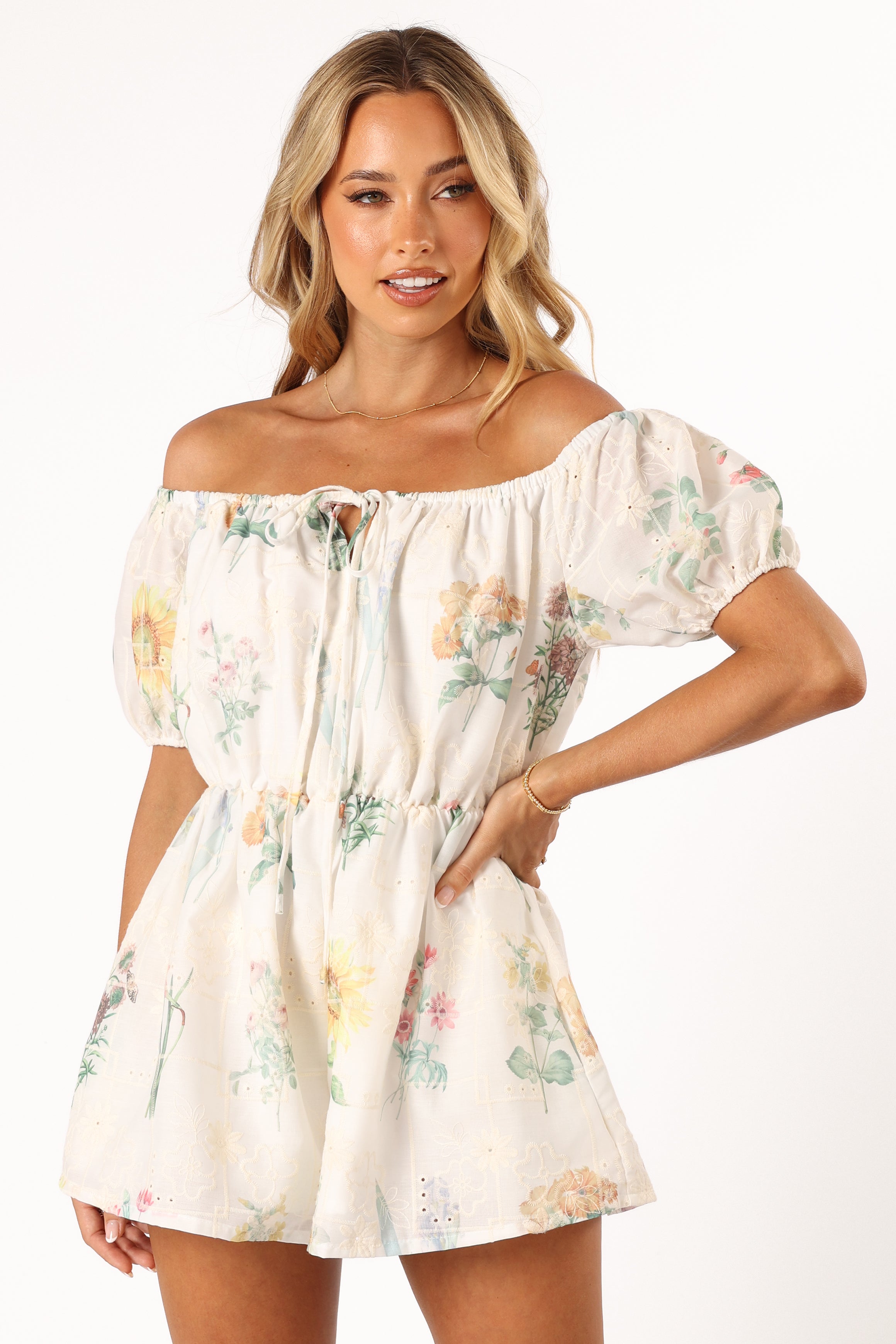 PLAYSUITS @Keleigh Off Shoulder Playsuit - White Floral (Hold for Easter)