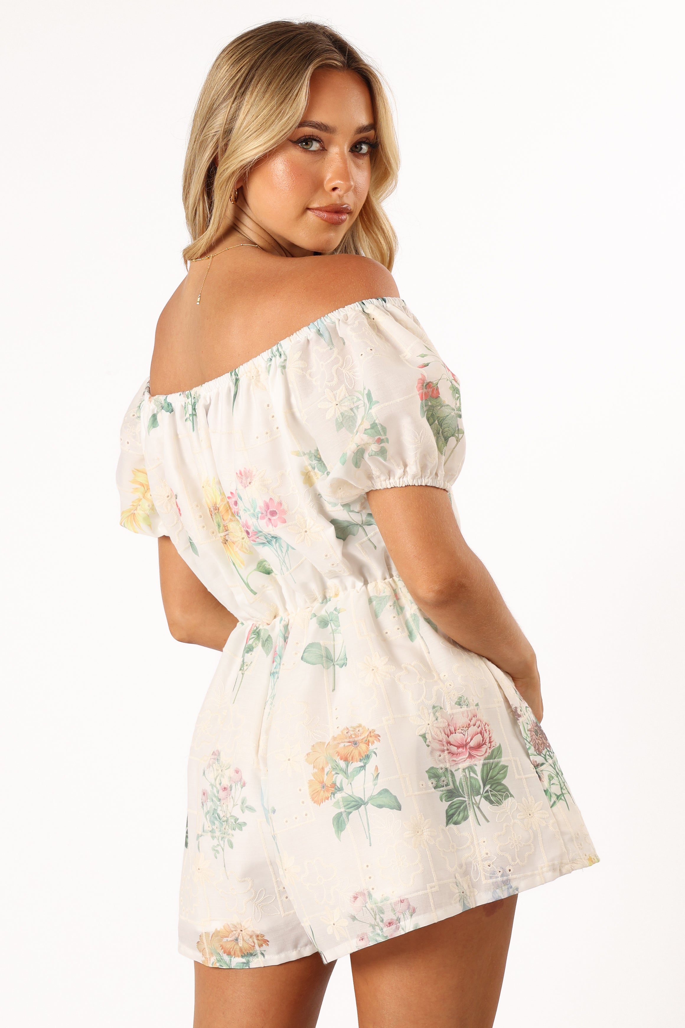 PLAYSUITS @Keleigh Off Shoulder Playsuit - White Floral (Hold for Easter)