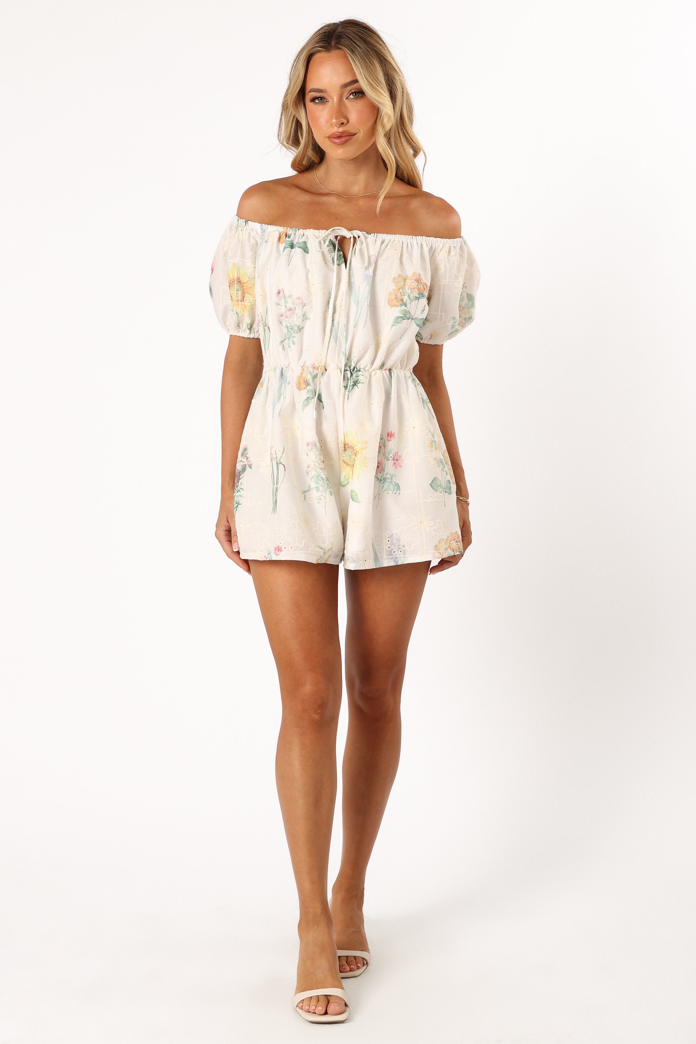 PLAYSUITS @Keleigh Off Shoulder Playsuit - White Floral (Hold for Easter)