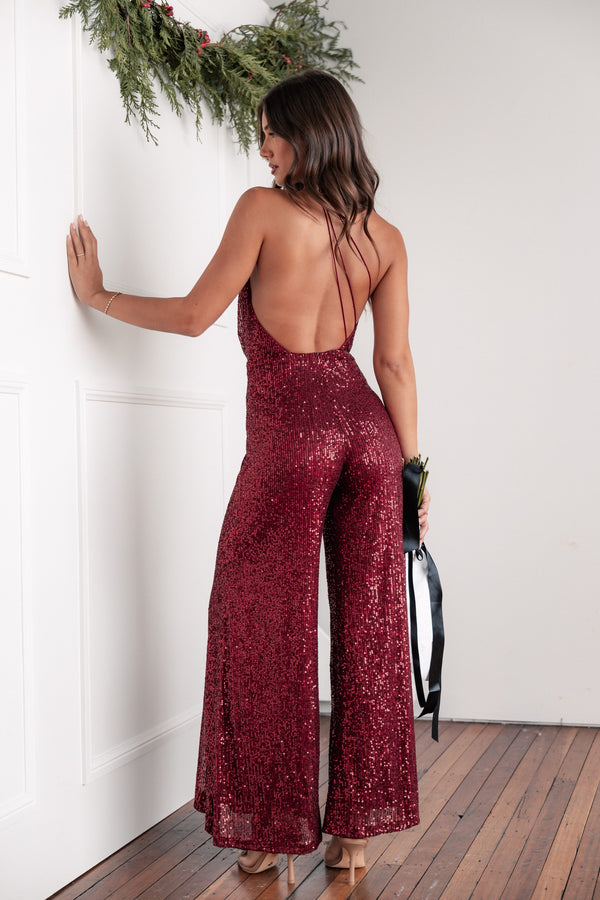 PLAYSUITS Khianna Sequin One Shoulder Jumpsuit - Red