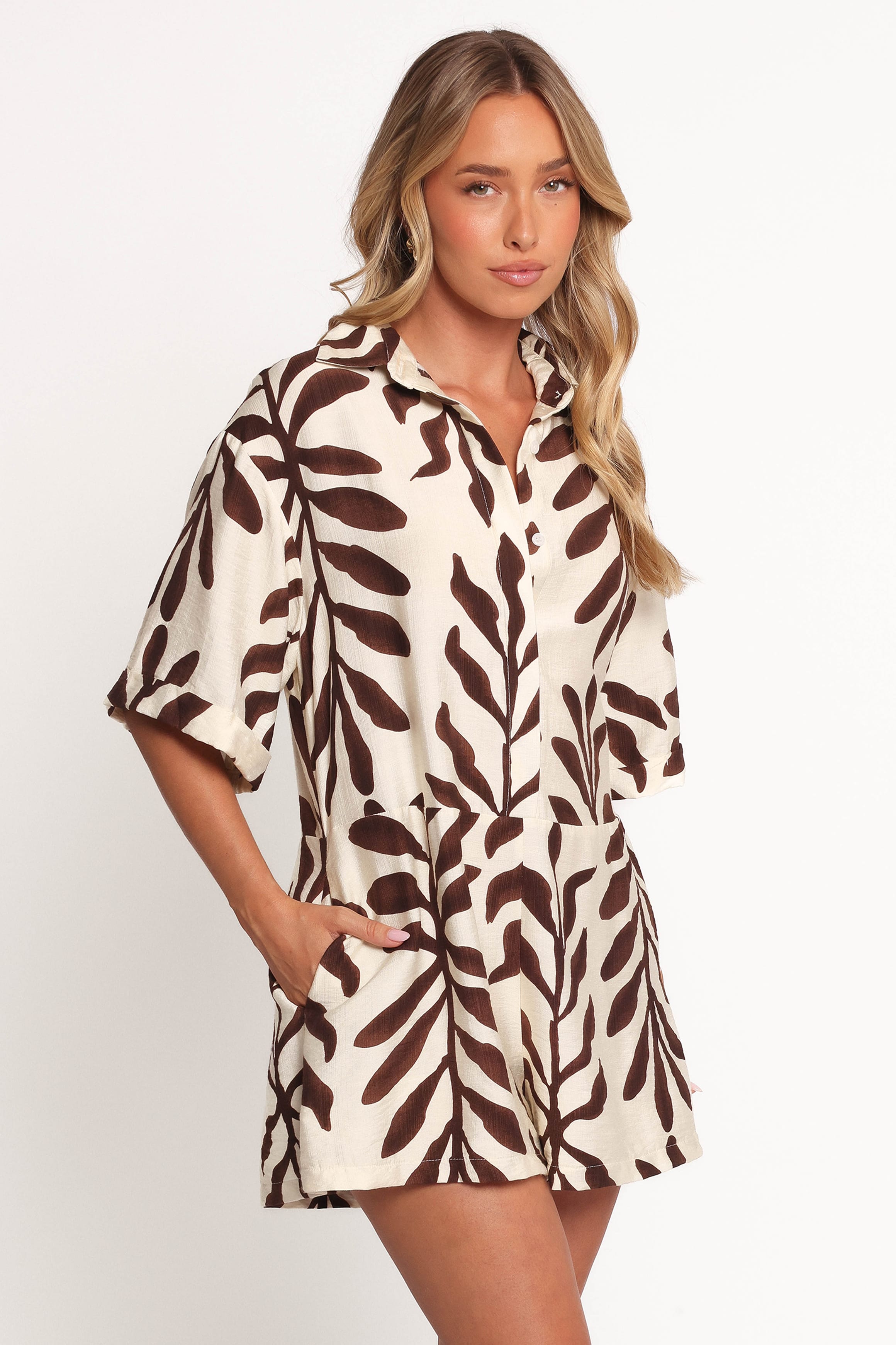 PLAYSUITS Kiya Drop Waist Playsuit - Brown Palm