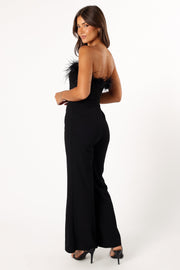PLAYSUITS @Louise Feather Trim Jumpsuit - Black (Hold for Modern Romance)