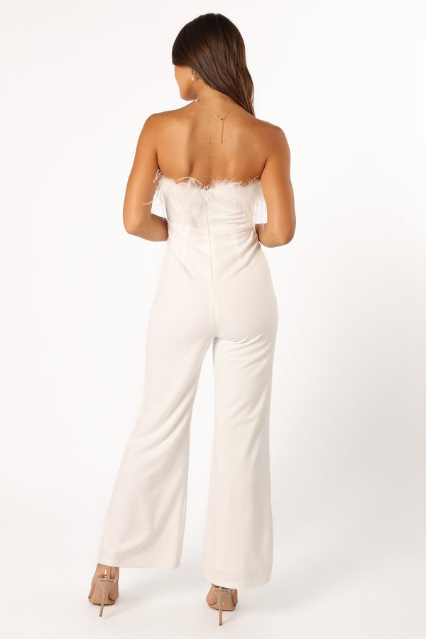 PLAYSUITS @Louise Feather Trim Jumpsuit - White (Hold for Modern Romance)