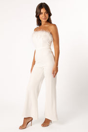 PLAYSUITS @Louise Feather Trim Jumpsuit - White (Hold for Modern Romance)