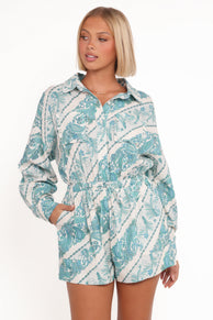 PLAYSUITS Macy Long Sleeve Playsuit - Aqua Paisley