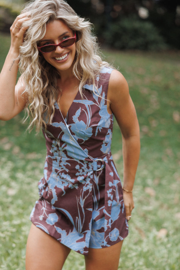 PLAYSUITS Mattie Cross Front Playsuit - Burgundy Floral