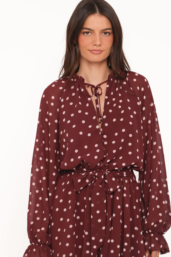PLAYSUITS @Michelle Playsuit - Burgundy Polka Dot
