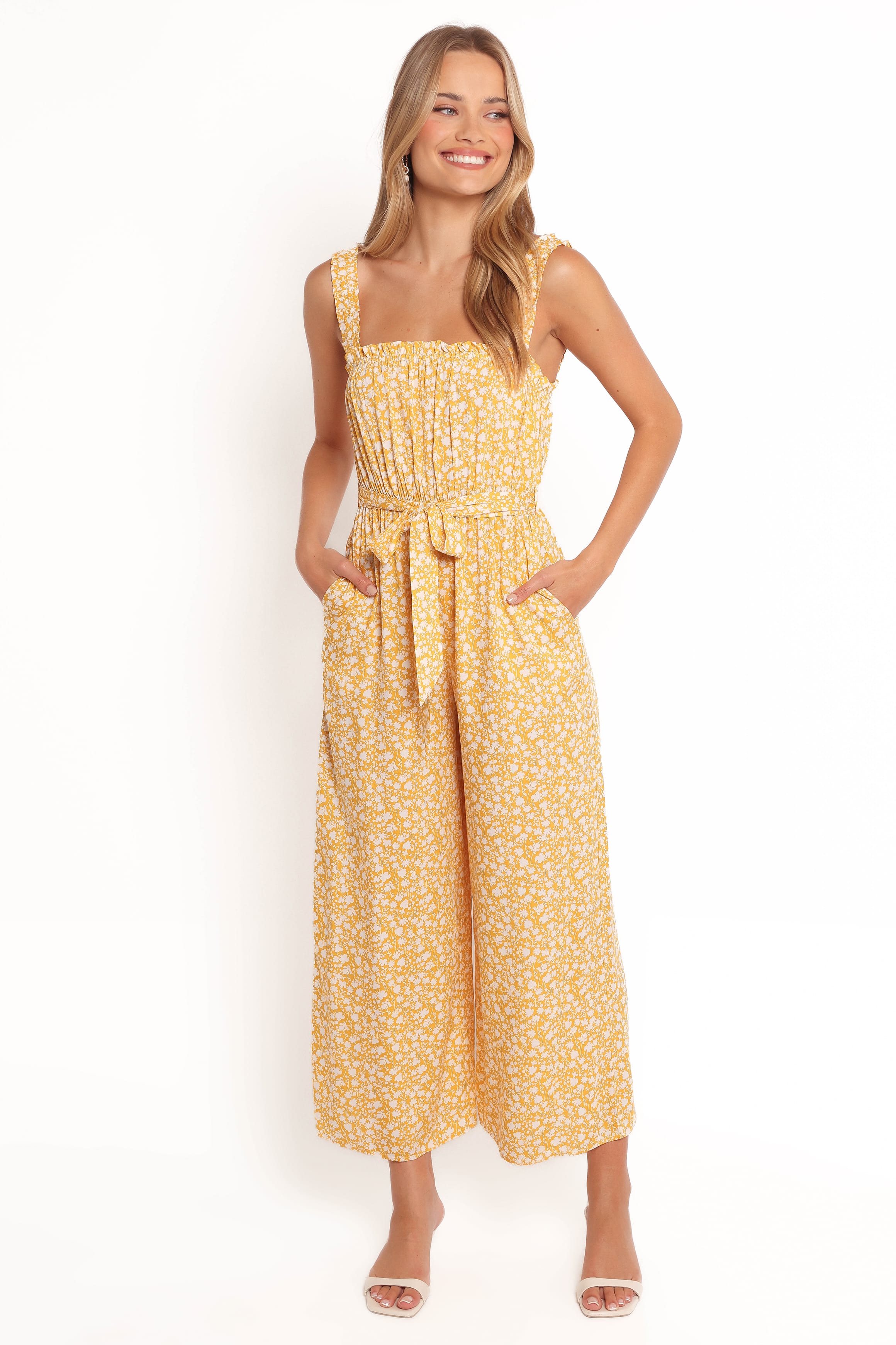 PLAYSUITS Mishia Tie Waist Jumpsuit - Yellow Floral