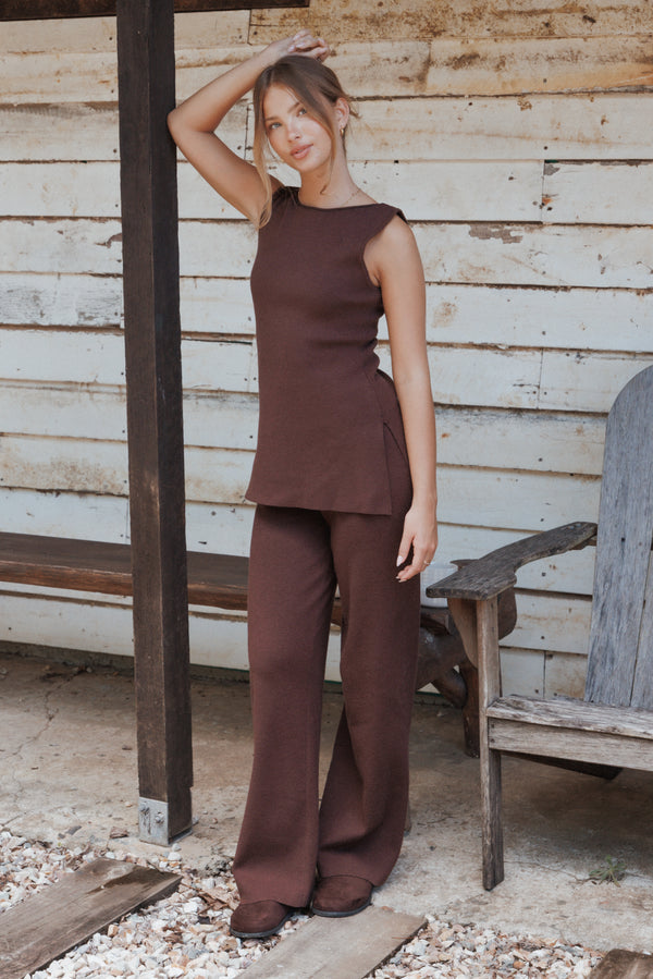 SETS Beth Knitted Pant Set - Chocolate