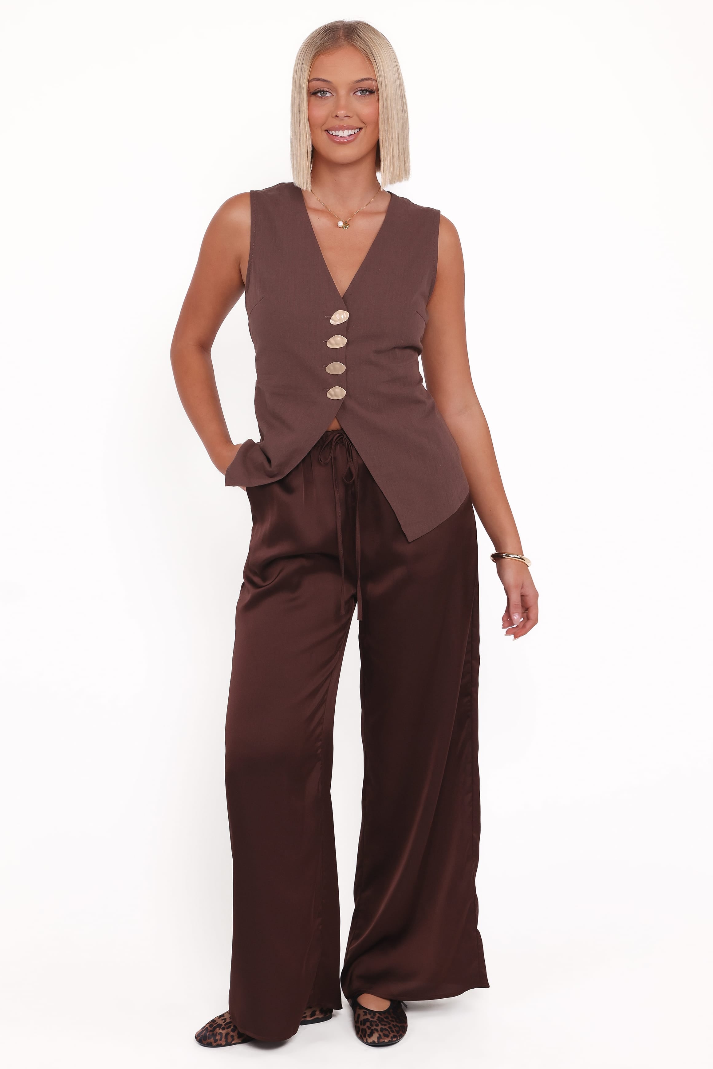 SETS Bethany Satin Pant Set - Brown