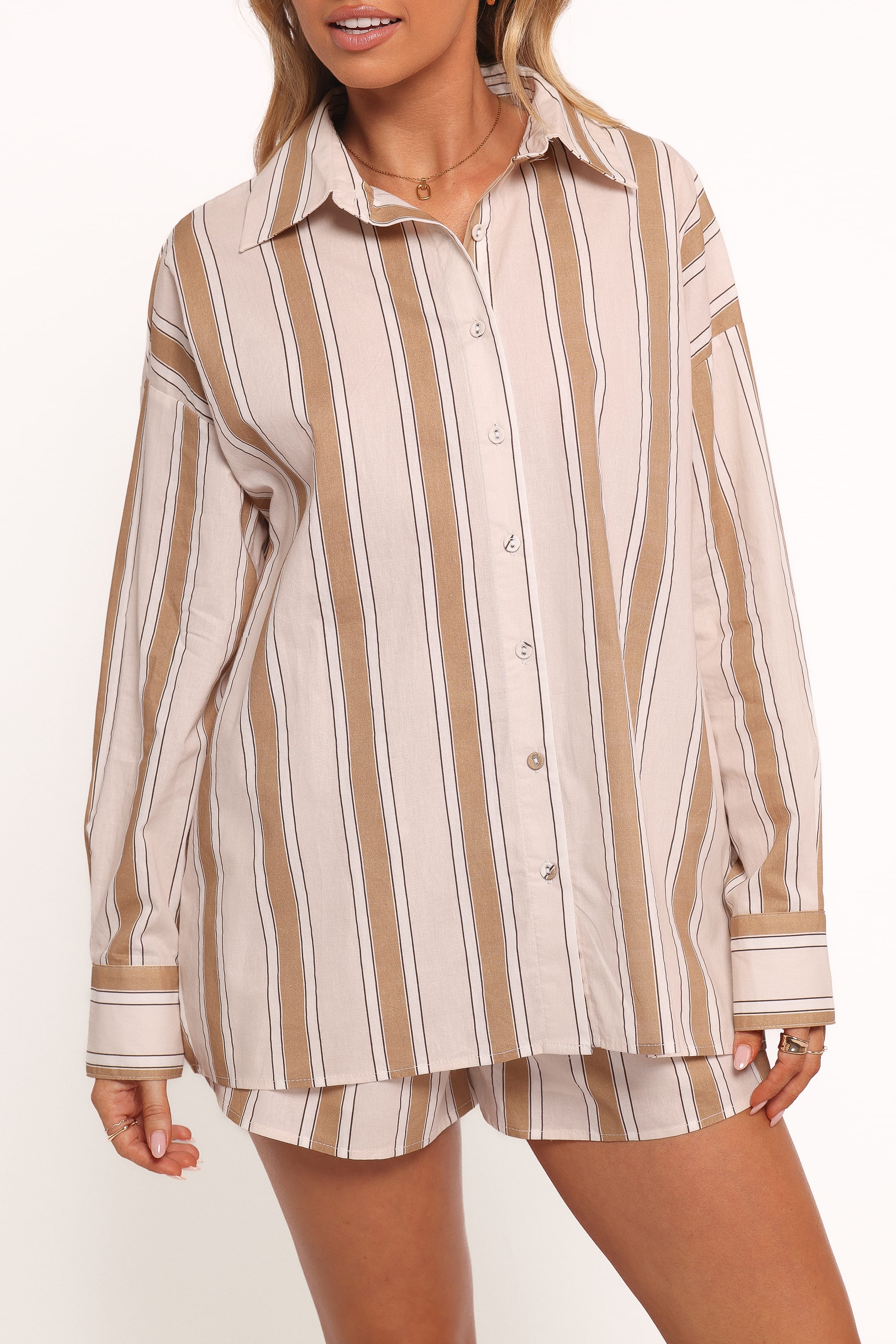 SETS Dean Long Sleeve Short Set - Beige Stripe