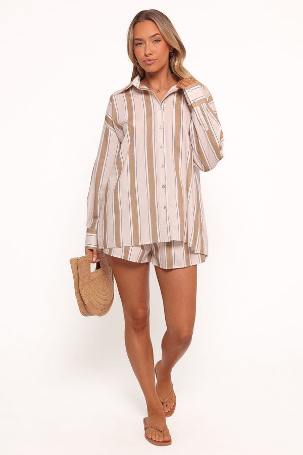 SETS Dean Long Sleeve Short Set - Beige Stripe