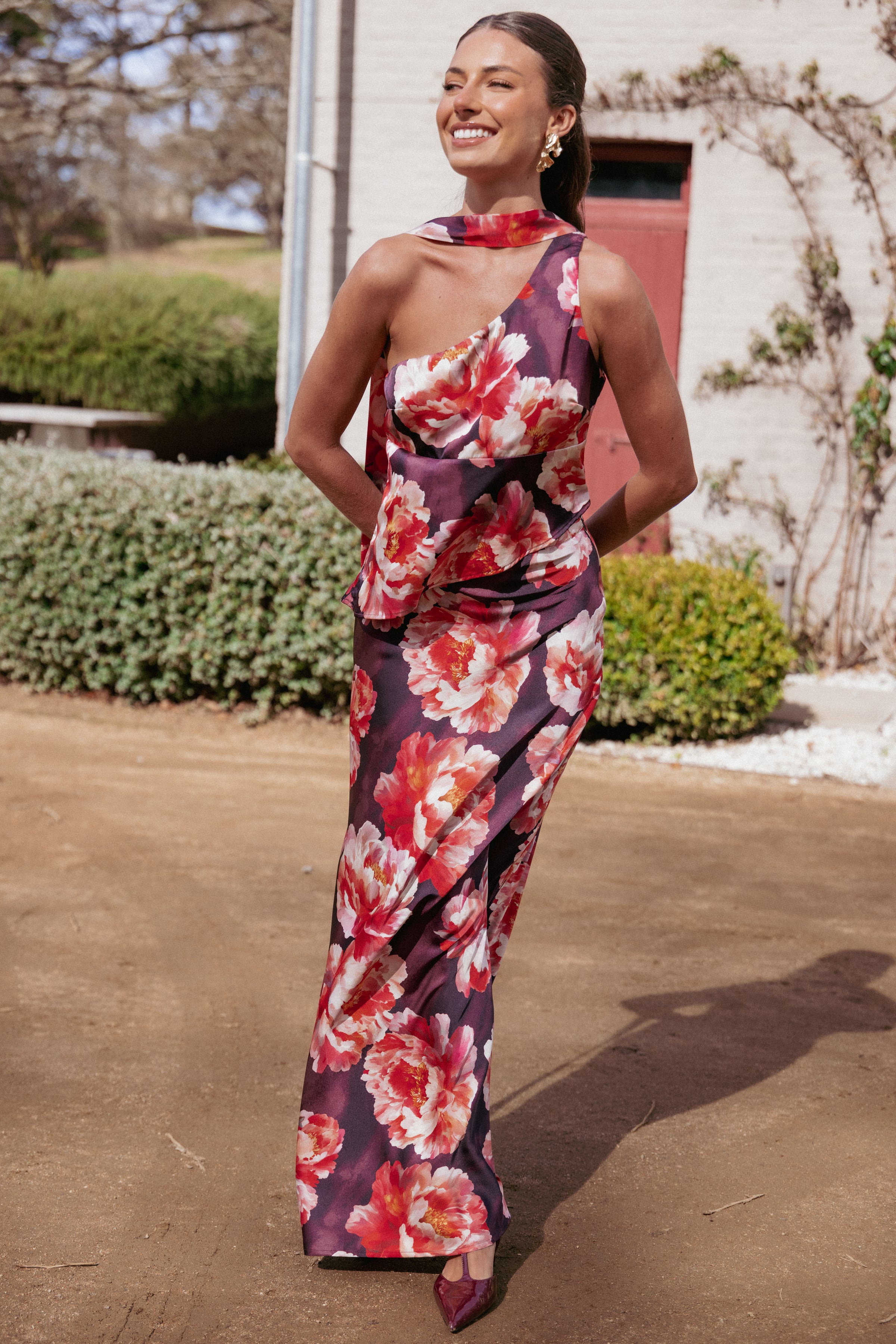 SETS Georgina One Shoulder Skirt Set - Burgundy Peony