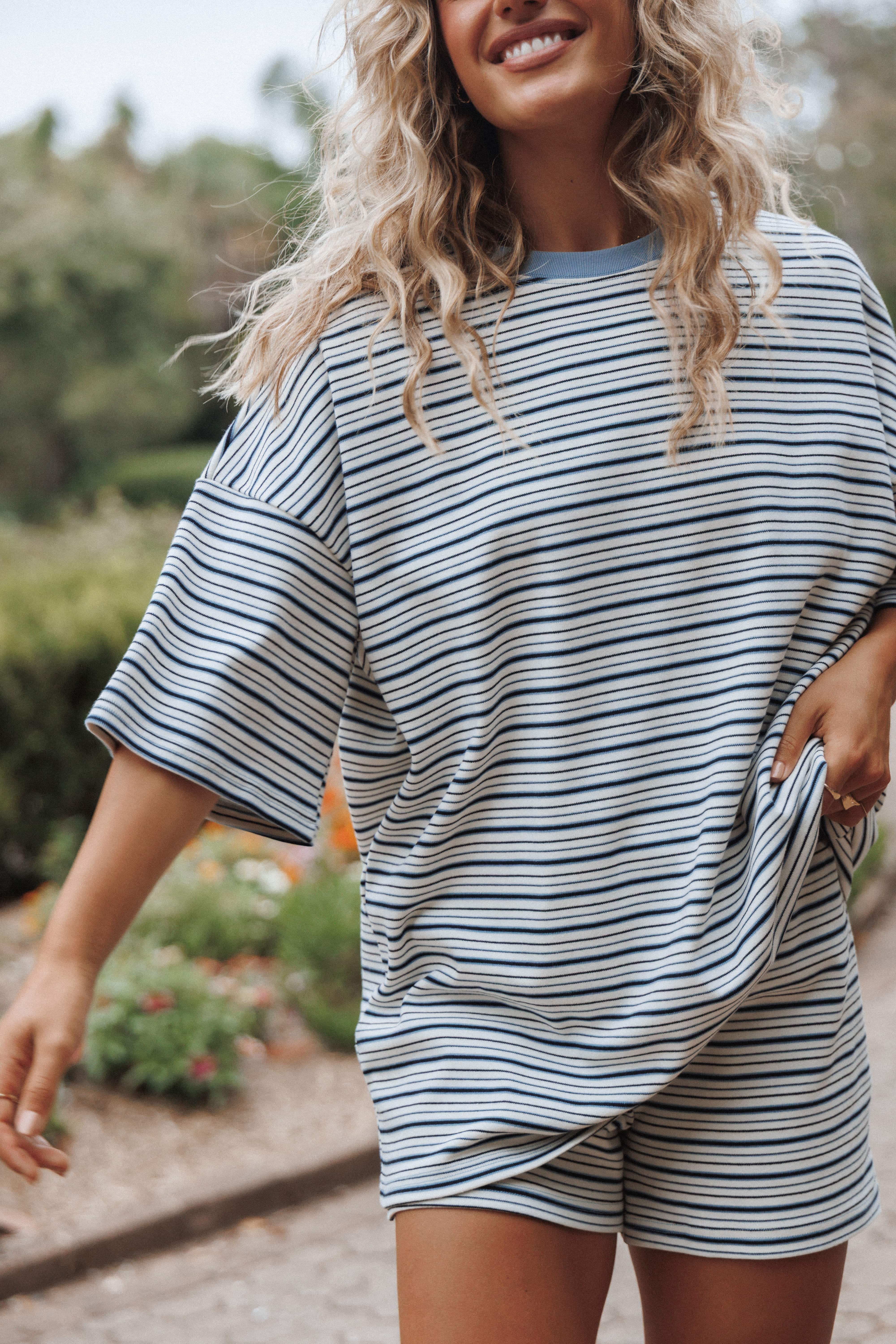Hellen Stripe Short Set - Blue/Cream Stripe | Petal & Pup