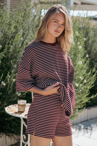 SETS Hellen Stripe Short Set - Burgundy Cream Stripe