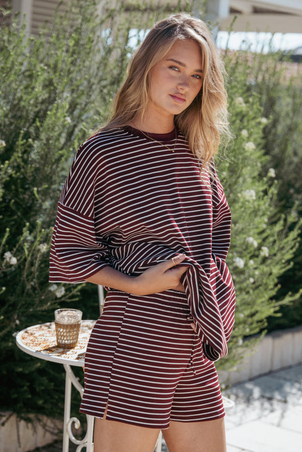 SETS Hellen Stripe Short Set - Burgundy Cream Stripe