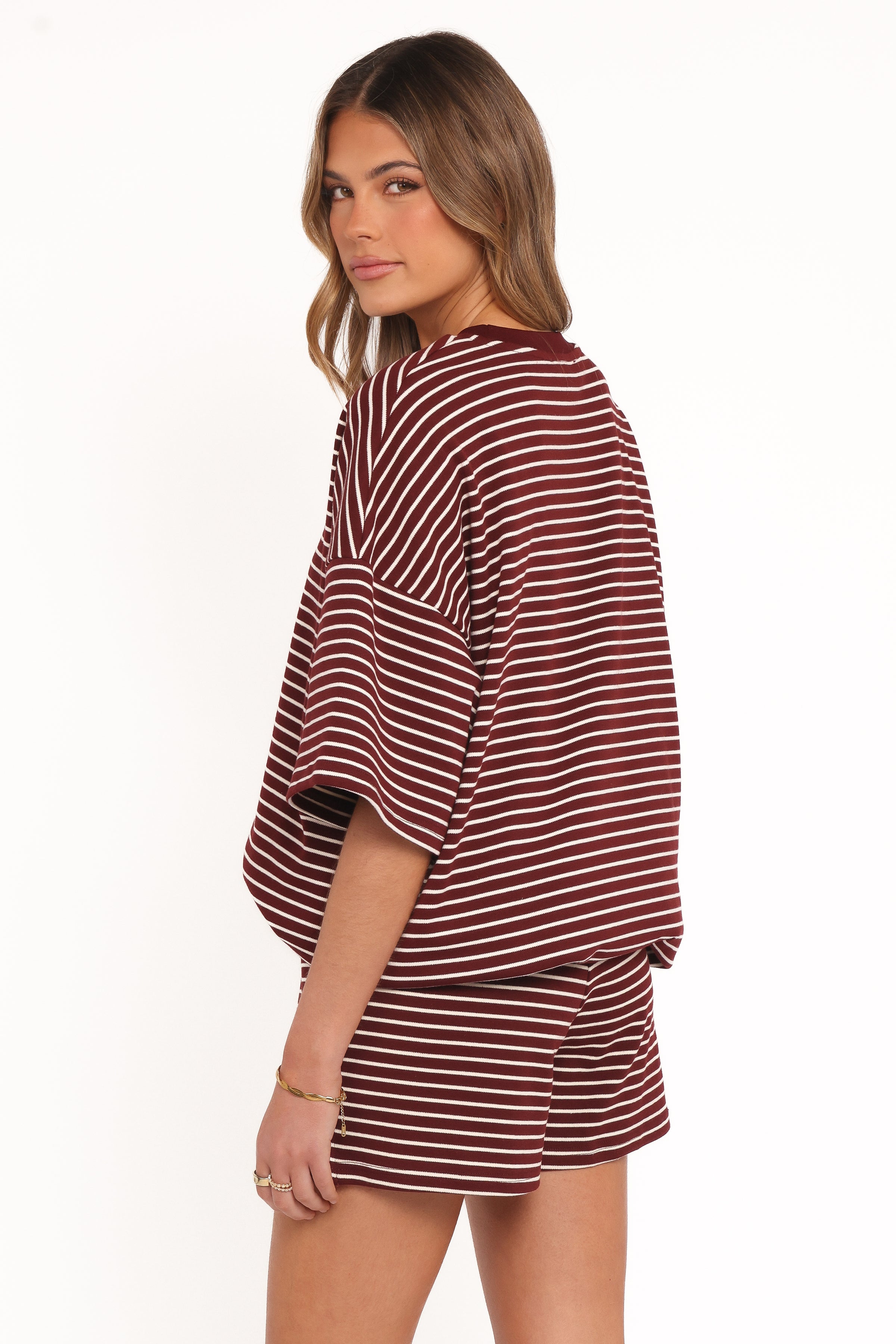SETS Hellen Stripe Short Set - Burgundy Cream Stripe