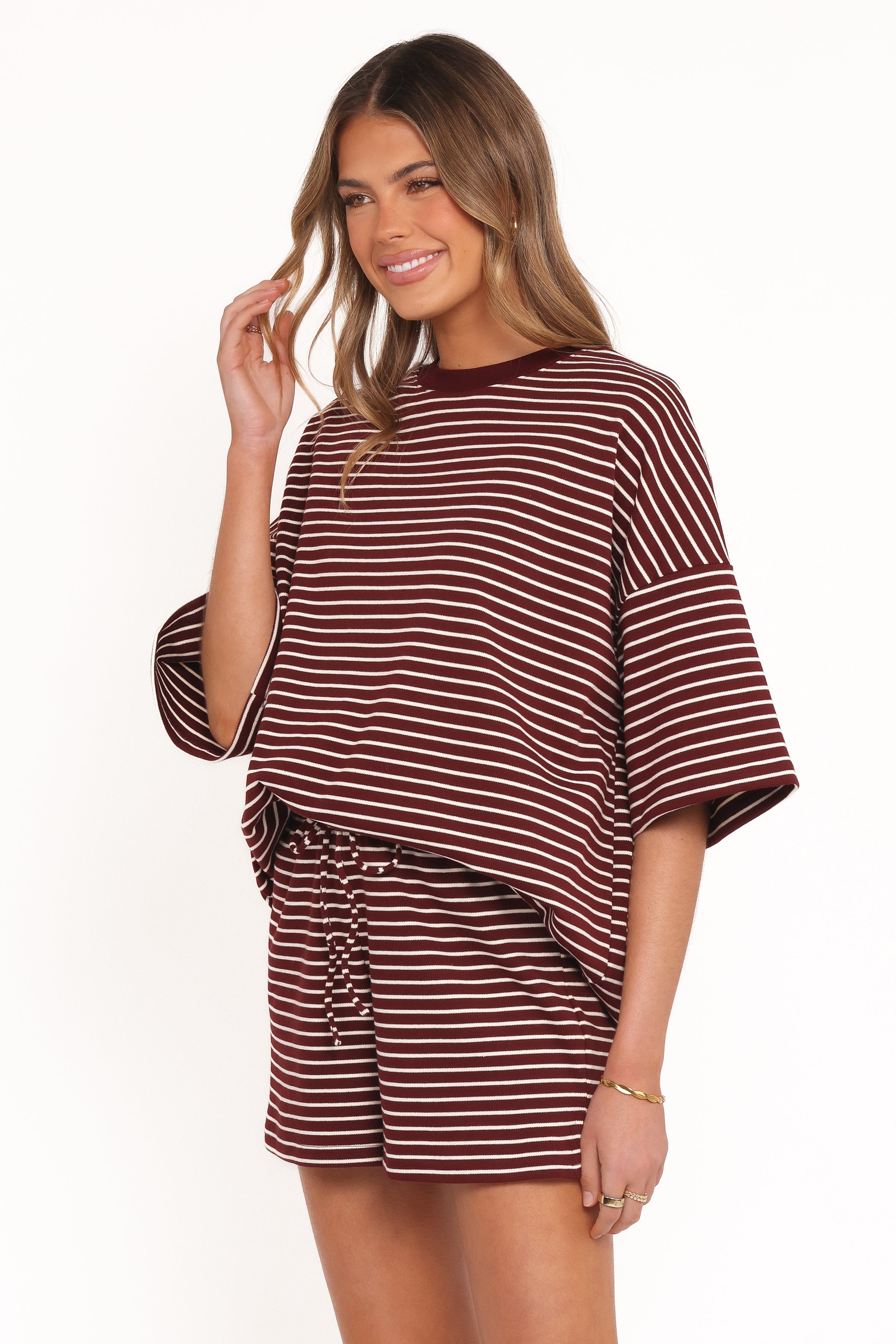 SETS Hellen Stripe Short Set - Burgundy Cream Stripe