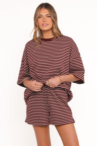 SETS Hellen Stripe Short Set - Burgundy Cream Stripe