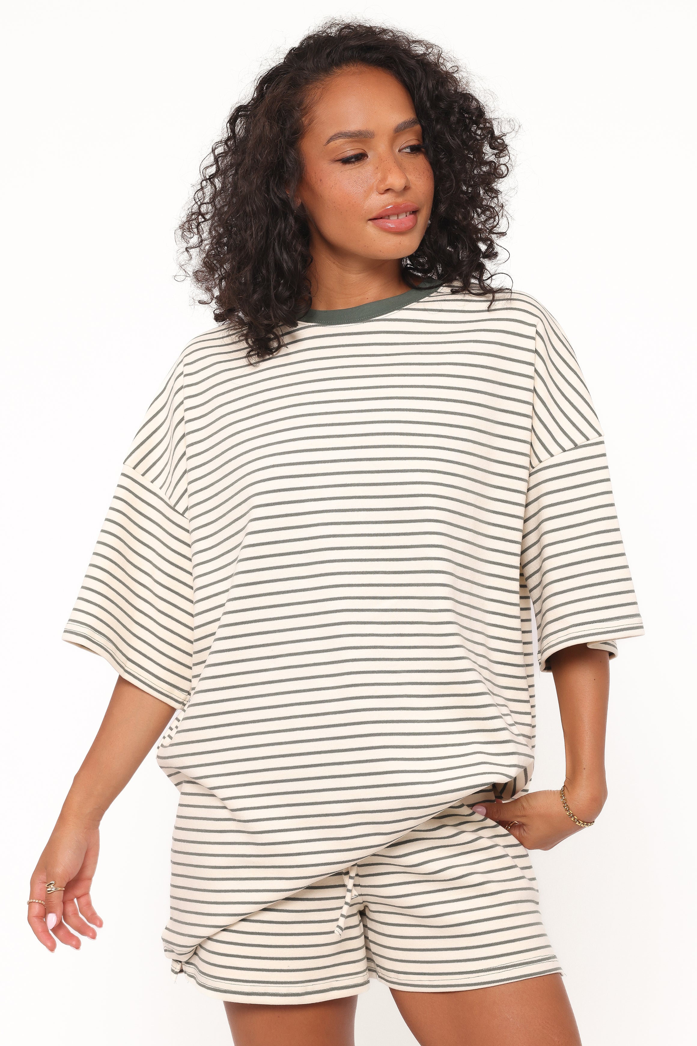 SETS Hellen Stripe Short Set - Cream/Green Stripe