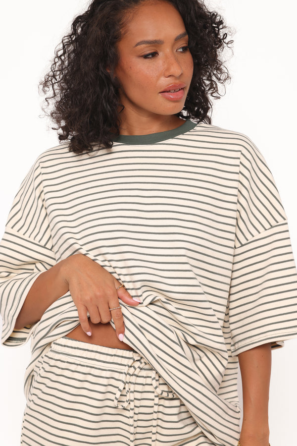 SETS Hellen Stripe Short Set - Cream/Green Stripe