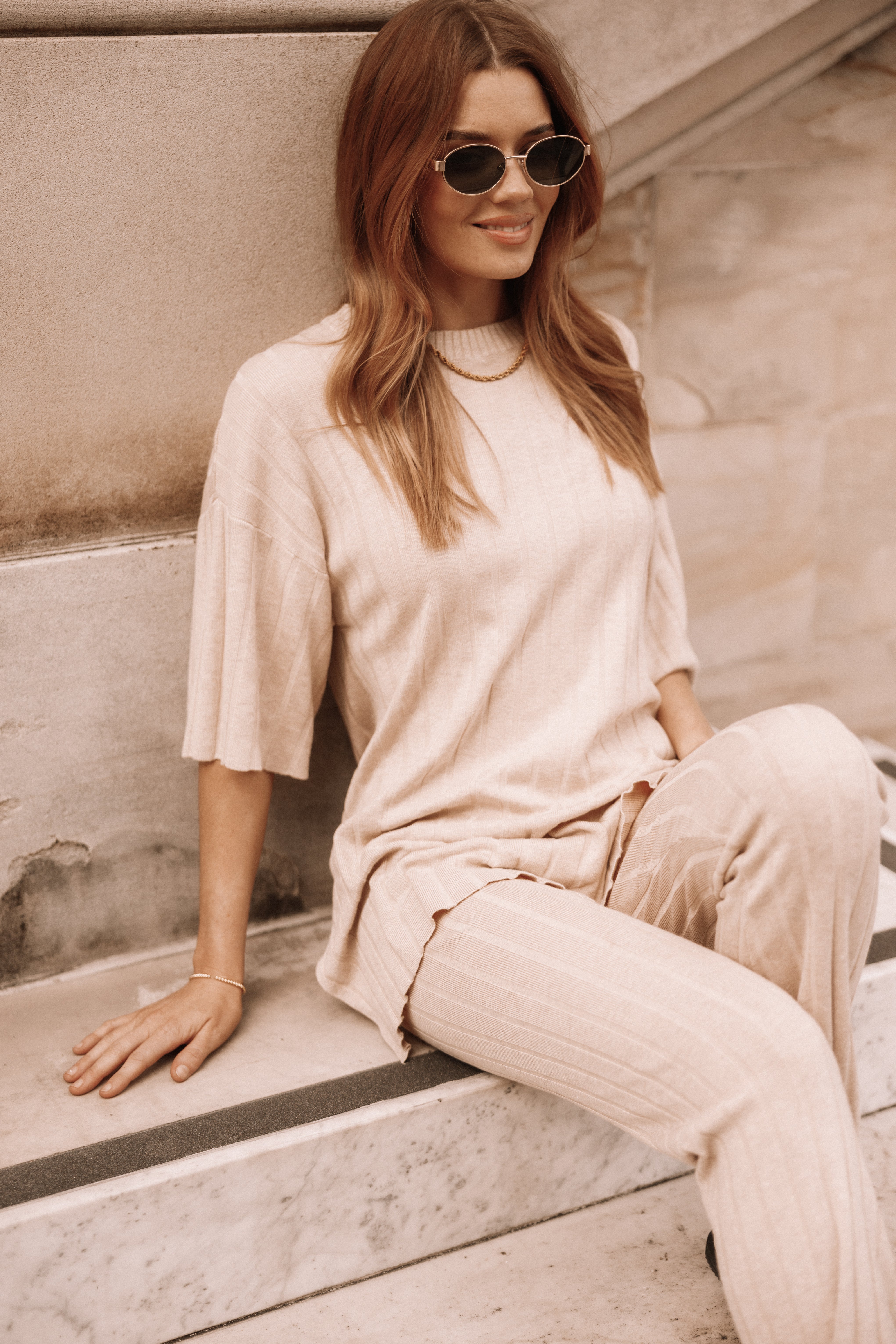 SETS @Silvie Short Sleeve Knitted Set - Beige (Hold for Winter Essentials)