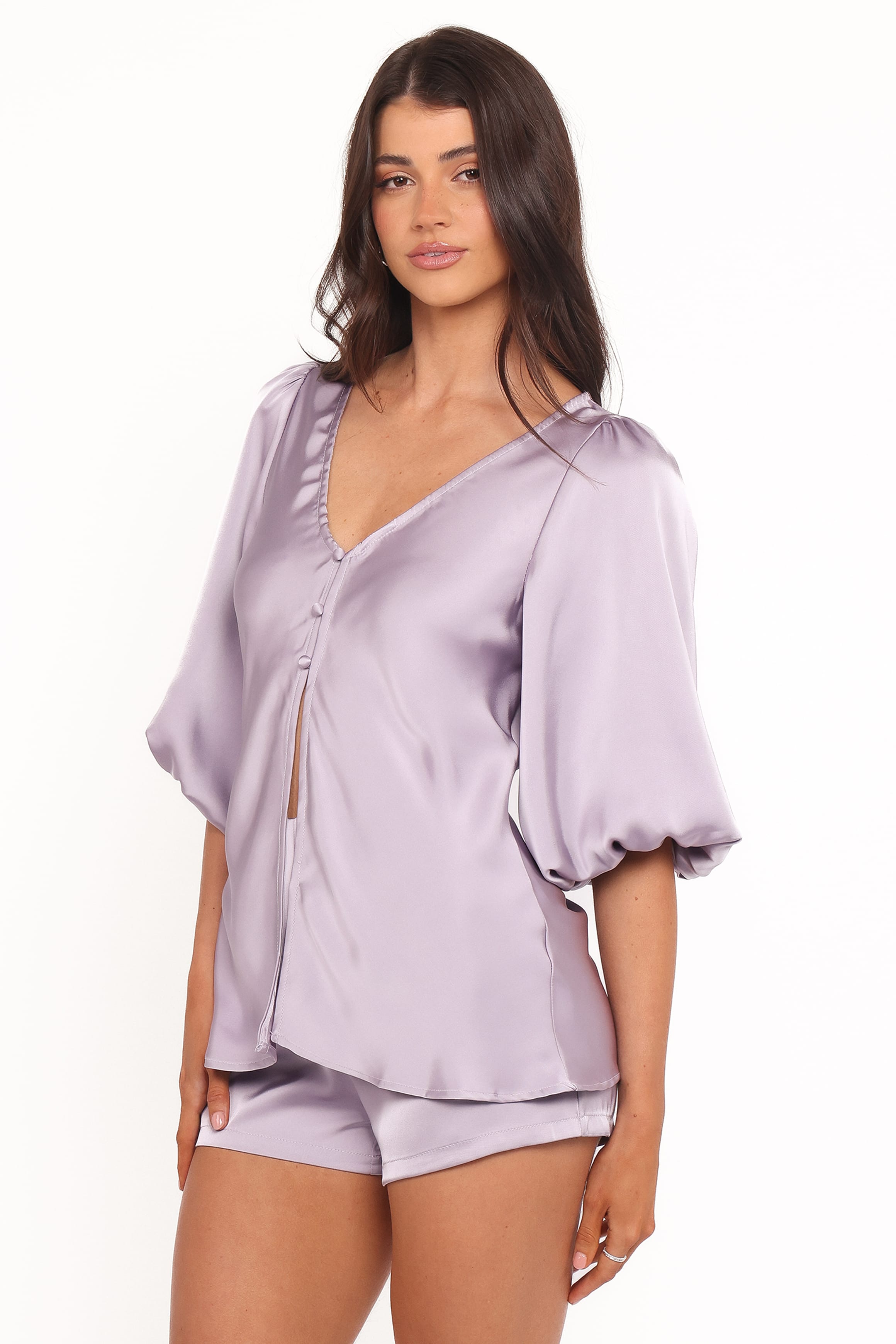 SETS Virgo Satin Puff Sleeve Button Up Short Set - Lilac