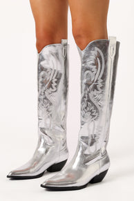 SHOES Wilden Knee High Cowboy Boot - Silver Metallic