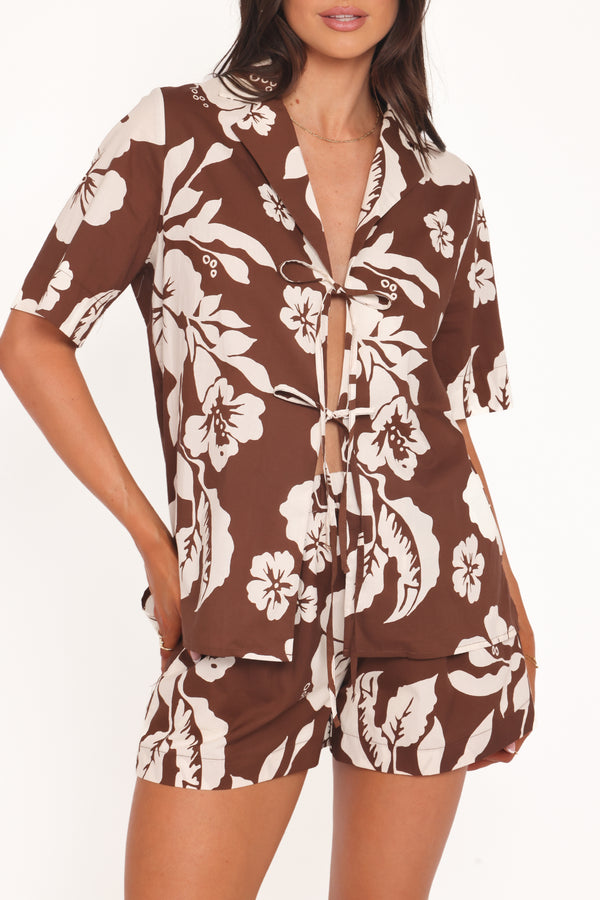 TOPS Aaliyah Cotton Tie Front Top - Brown Hibiscus