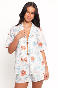 TOPS Aaliyah Tie Front Top - Blue Cream