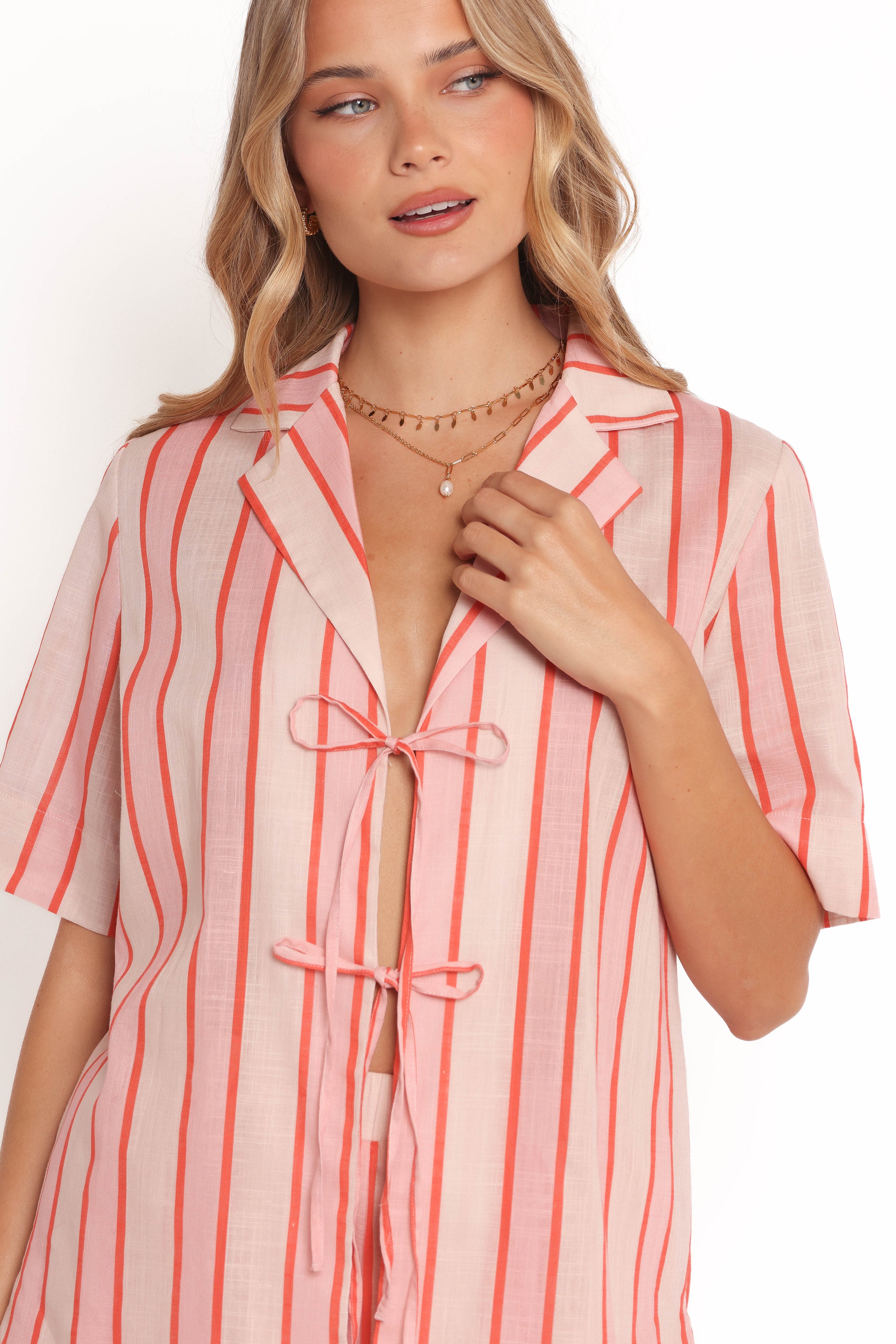 TOPS Aaliyah Tie Front Top - Pink Stripe
