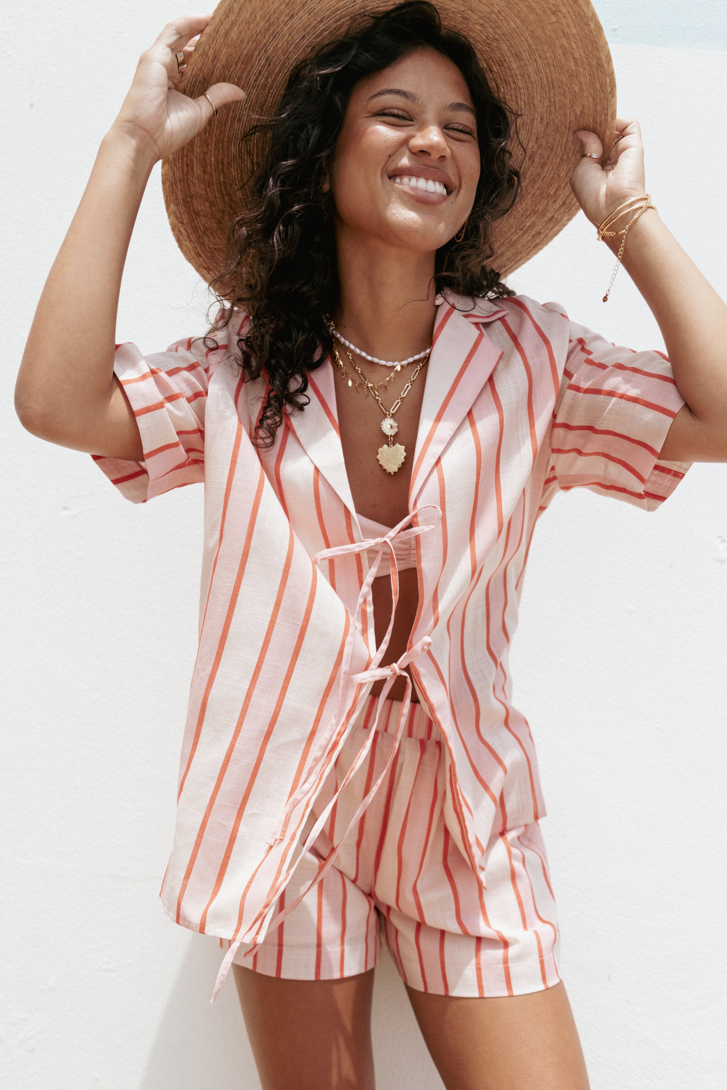TOPS Aaliyah Tie Front Top - Pink Stripe