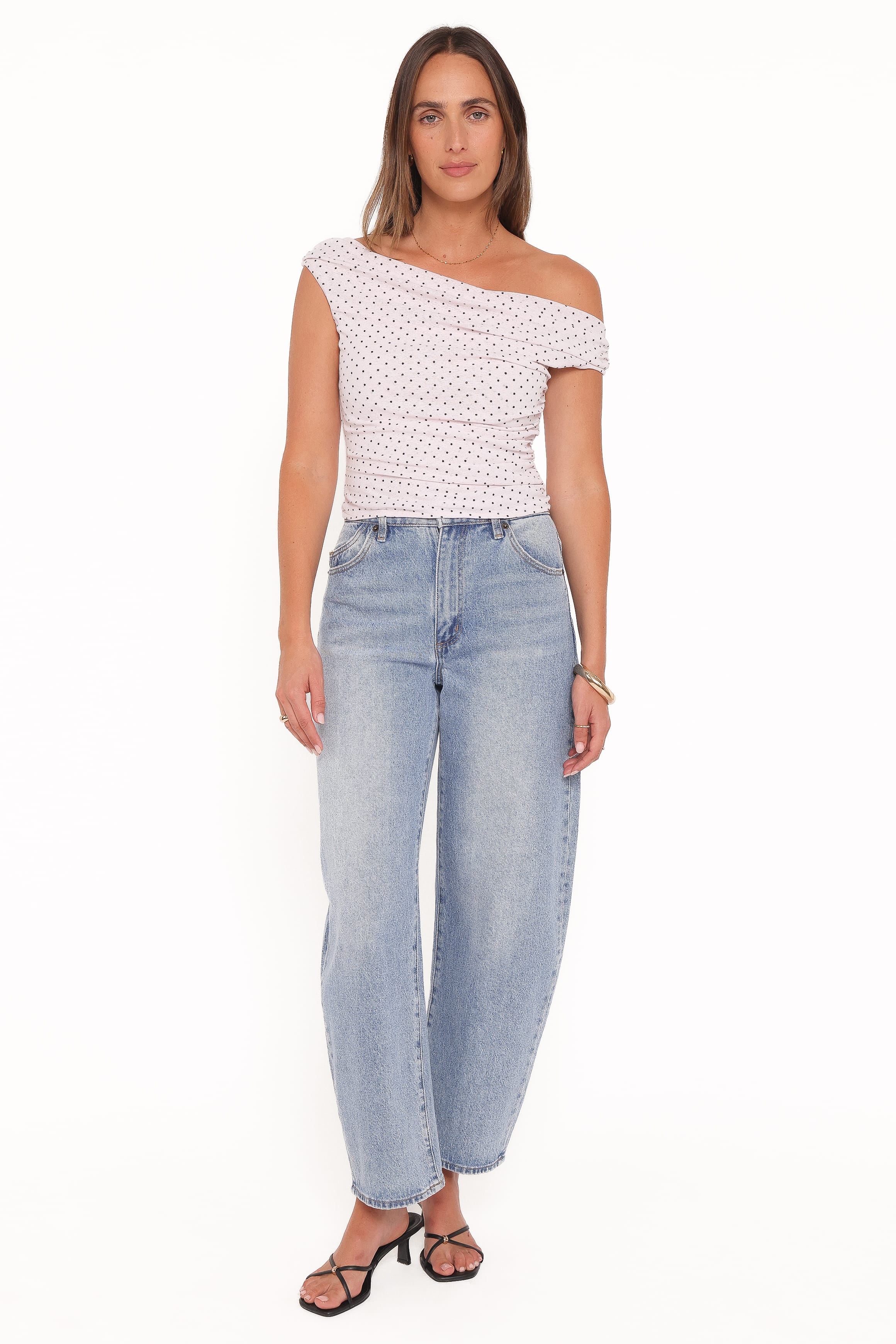 TOPS Aaron Off Shoulder Top - Pale Pink Dot