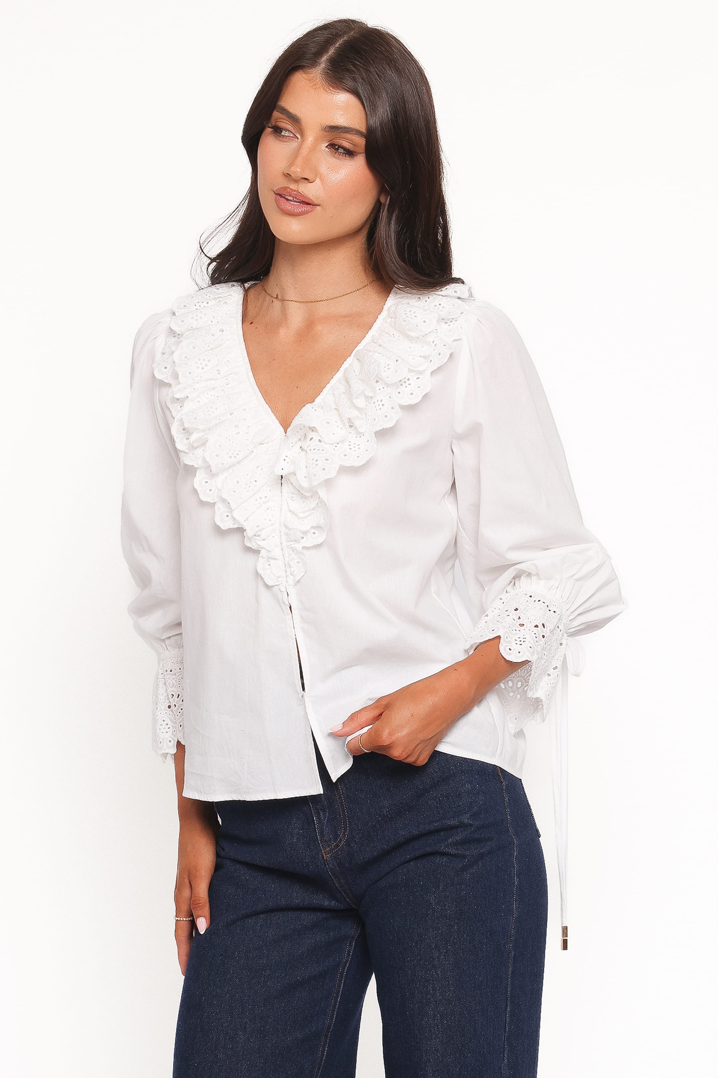 TOPS Aelwen Ruffle Blouse - White Embroidery