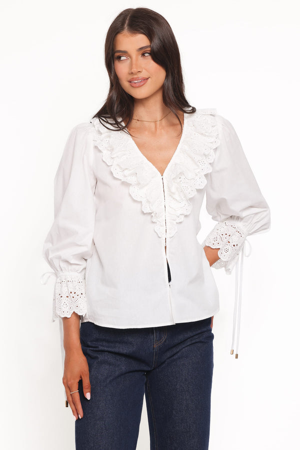 TOPS Aelwen Ruffle Blouse - White Embroidery